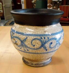 Pottery Jar Black and white pottery jar with blue markings 7