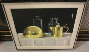 Oil Painting of Jars and Brass Items on Table, signed Gombar