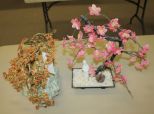 Brass Tree with Orange Stones and Stone Base along with a Plastic Tree with Porcelain Kuan Yen