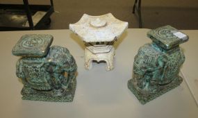 Pair of Painted Ceramic Elephants and a Pagoda