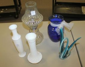 Two Milk Glass Vases, Glass Swan, Glass Lamp and a Blue Vase