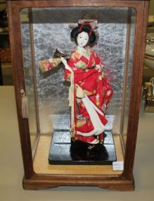 Hand Painted Oriental Maiden in Oak Glass Display