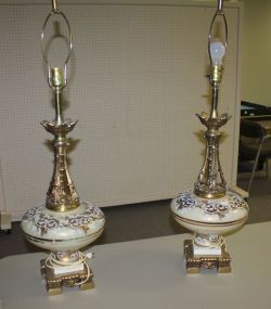 Pair Vintage Large Brass and Decorated Glass Lamps