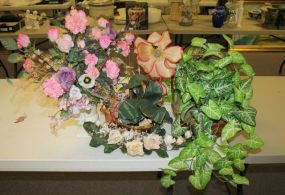 Three Flower Arrangements One small urn, brass bowl, basket.