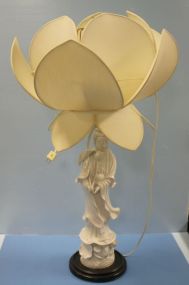 Large White Porcelain Quan Yen Lamp with fabric Tulip shade, 32