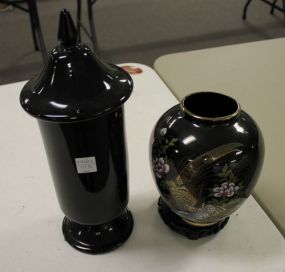 Two Black Glass Pieces One vase with gold decoration on stand 9