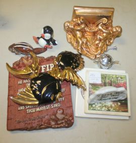 Miscellaneous Lot of Small Fish Plagues, Angle Sconce, Two Porcelain Animals, and Wood Plaque