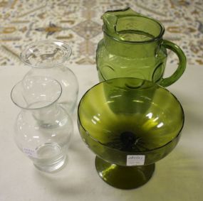 Green Glass Pitcher, Green Glass Compote, and Two Vases