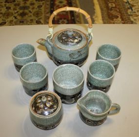 Ceramic Oriental Tea Pot and 4 Cups, Sugar, Creamer, and Open Spooner