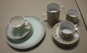 Set of Four Cups and Square, Two Dinner Plates, Four Saucers, and One cup