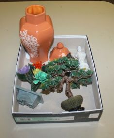 Two Small Plastic Trees, Covered Jar, Porcelain Quan Gen