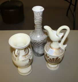 Two Handmade in Greece Urns and Glass Liquor Bottle