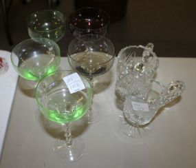 Four Color Glass Liquor Glasses, Cut Glass Creamer and Sugar
