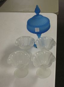 Four Frosted Glass Sherberts and Covered blue Satin Glass compote
