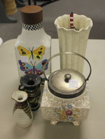 Butterfly Decanter, Three Ceramic Vases, English Biscuit Barrel