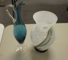 Blue Glass Ewer and Glass Vase Blue glass ewer (broken handle) marbleized glass vase (crack) 11