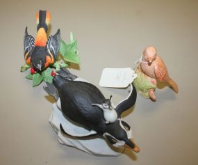 Franklin Mint Handpainted Porcelain Figurine of Penguins, Baltimore Oriole Lenox Figurine, and Ceramic Bird