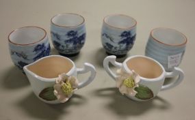 Four Suki Cups, Creamer, and Sugar with Applied Flowers