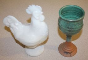 Pottery Goblet, Milk Glass Covered Dish with Rooster Head