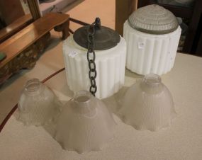 Two White Glass Fixtures from Store and Three Glass Shades