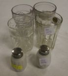 Four Tumblers, Pair of Satin Glass Salt and Peppers