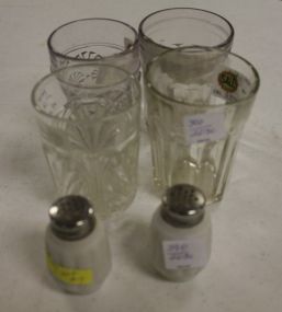 Four Tumblers, Pair of Satin Glass Salt and Peppers