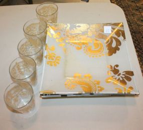 Four Decorative Glass Trays and 5 Decorative Glasses