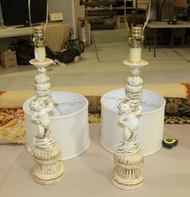 Pair of Painted Ceramic Cupid Lamps 32