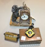Quartz Clock with Dog, Compass, Brass Calendar, and Copper box