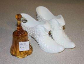 Fenton Milk Glasses Shoes, and Amber Bell