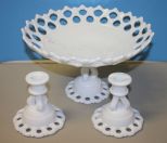 Vintage Milk Glass Reticulated Compote and Pair of Milk Glass Candlestick Holders