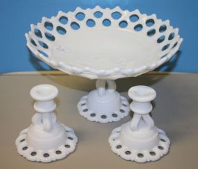 Vintage Milk Glass Reticulated Compote and Pair of Milk Glass Candlestick Holders