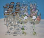 Set of Twelve Gold Rim Champagne Flutes and Eight Hand Painted Wine Glasses