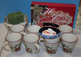 Set of Eight Longaberger Christmas Coffee Mugs, Mikasa Holiday Pattern Planter and a Snowman Tray