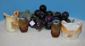 Hand Painted Cream and Sugar with Floral Design, Glass Grape, and Salt & Pepper Shakers