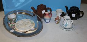 Group of Miniature Tea Pots, Pitchers, Footed Silverplate Tray, Bowl, and Bread Warmer
