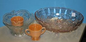 Pink Glass Fruit Bowl, Lusterware Creamer & Sugar, Press Glass Bowl