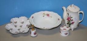 Moss Rose Vegetable Bowl and Three Handpainted Porcelain Pieces