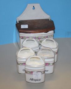 Handpainted Porcelain Slat Box and 4 Spice Jars