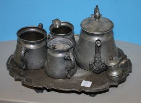5 Piece Victorian Silverplate, Coffee Pot, Creamer, Sugar, Spooner, Tray, and Pewter Shaker.