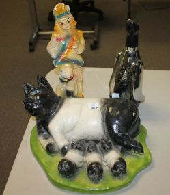 Vintage Chalk Statue, Mexico Reclining Pig Bank, Norleans Pigueon Decanter, and Music Box