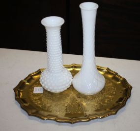 Two Milk Glass Vases and Gold Tin Tray