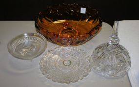 Amber Glass Bowl, Covered Glass Butter Dish, Plate, and Bowl.
