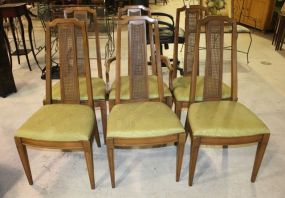Set of Six Lenoir Furniture Company Pecan Chairs, 1 arm, 5 sides each having cane back insert. et of Six Lenoir Furniture Company Pecan Chairs, 1 arm, 5 sides each having cane back insert.