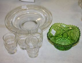 Etched Bowl, 4 Etched Juicers, Green Depression Bowl