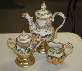 Capodimonte Style Musical Teapot, Creamer, and Sugar Made in Italy