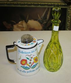 Green Glass Decanter and Enamel Coffee Pot