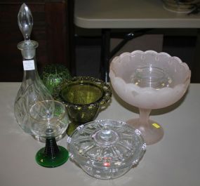 Grouping of Glass Compote, Decanter, Covered Dish, and wine glass.