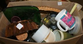 Box Lot of Kitchen Items Copper, utensils, and basket.