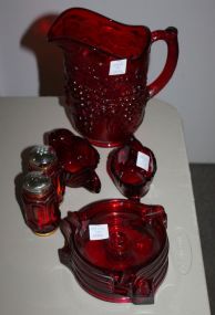 Pigeon Blood Glass Pitcher, Creamer, Sugar, Shakers, and Ashtrays